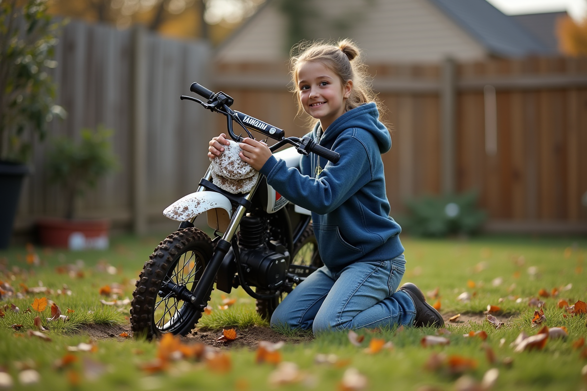 Jeune fille nettoyant une Yamaha 50 dans le jardin