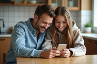 Jeune fille et son père souriants à la cuisine pour un article sur Snapchat