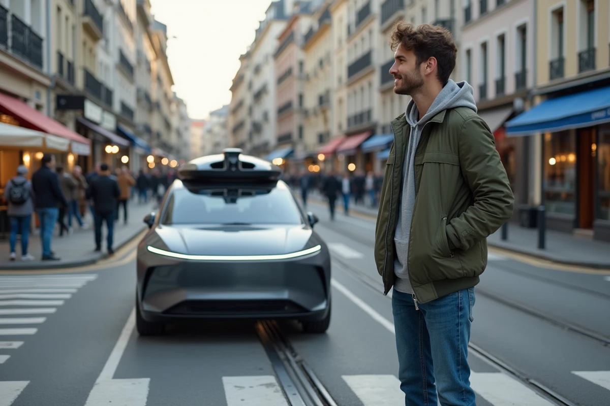 Jeune homme attendant devant une voiture autonome à Paris