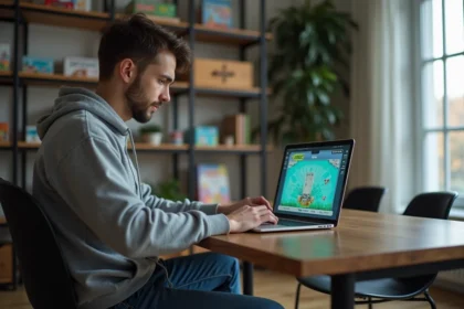 Jeune homme concentré sur son ordinateur portable avec jeu Monopoly