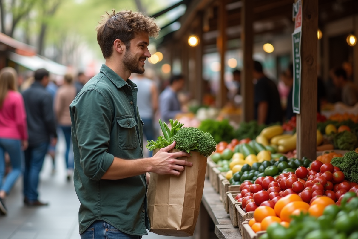 Jeune homme achetant des produits frais au marché en plein air