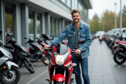 Jeune homme souriant à côté d'une moto Dax 125 rouge
