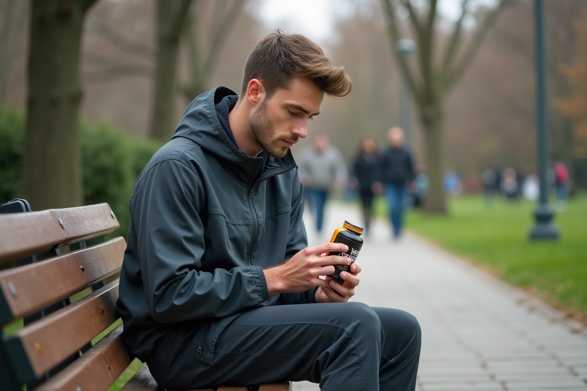 Jeune homme lisant une étiquette de vitamine dans un parc