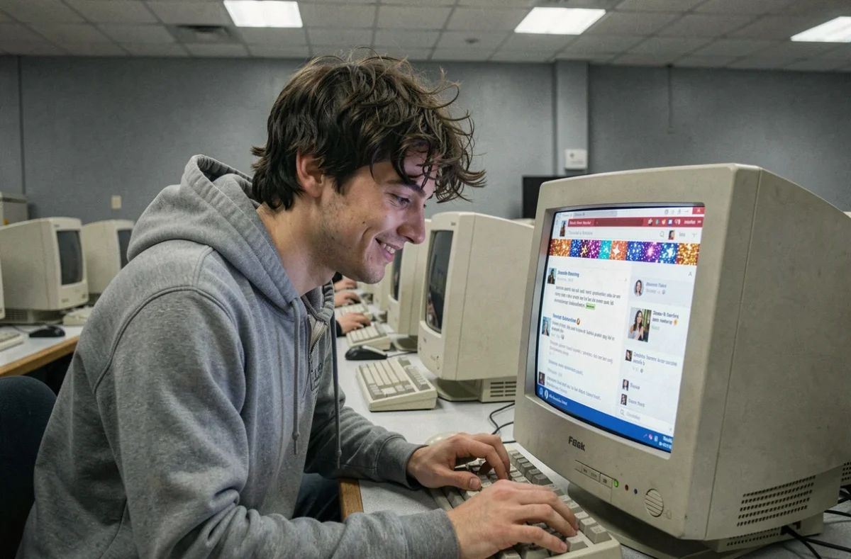 Jeune homme consultant son Skyblog sur un ordinateur de salle informatique universitaire dans les années 2000
