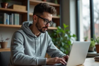 Jeune homme en hoodie travaillant sur son ordinateur à la maison