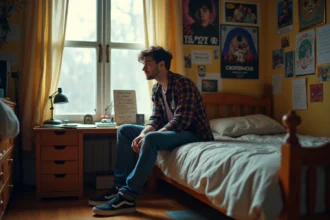 Jeune homme assis sur le lit dans une chambre d'artiste