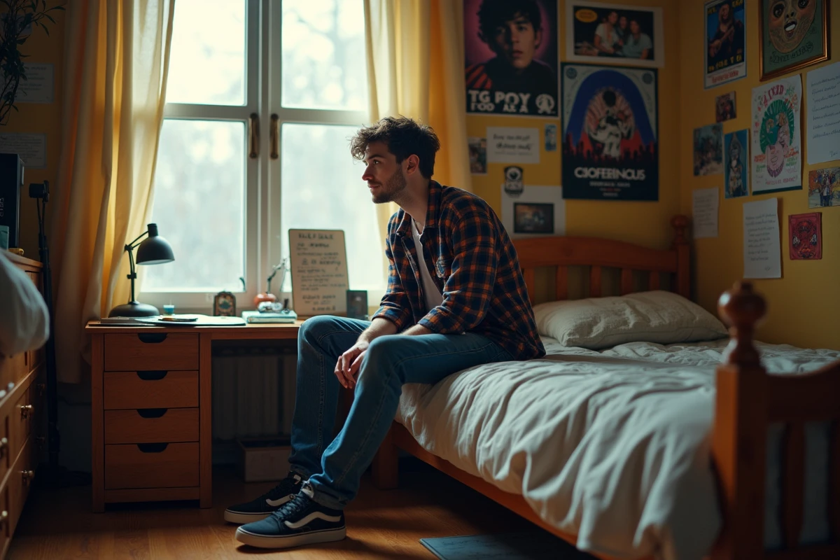 Jeune homme assis sur le lit dans une chambre d'artiste