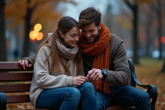 Jeune couple assis sur un banc au crépuscule avec montre 2323