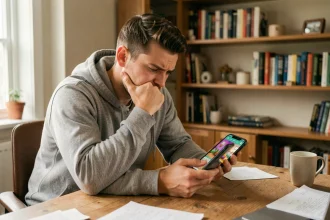 Joueur concentré bloqué sur une énigme du jeu Rooms And Exits sur son smartphone