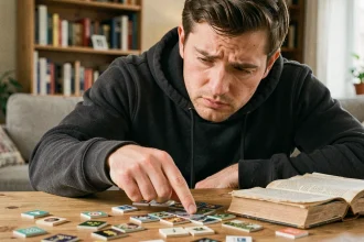 Joueur adulte concentré examinant des tuiles de jeu de société et un livre de règles sur une table en bois, semblant hésiter face à une erreur de placement dans l'indice pedantis