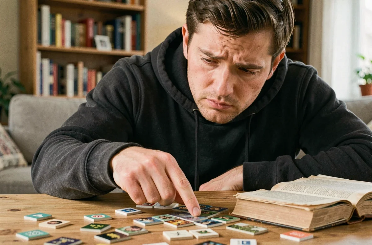 Joueur adulte concentré examinant des tuiles de jeu de société et un livre de règles sur une table en bois, semblant hésiter face à une erreur de placement dans l'indice pedantis