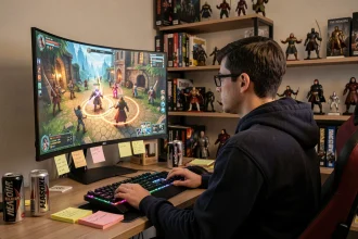 Joueur de MMORPG concentré devant son écran affichant un univers fantasy médiéval coloré dans un bureau gaming authentique