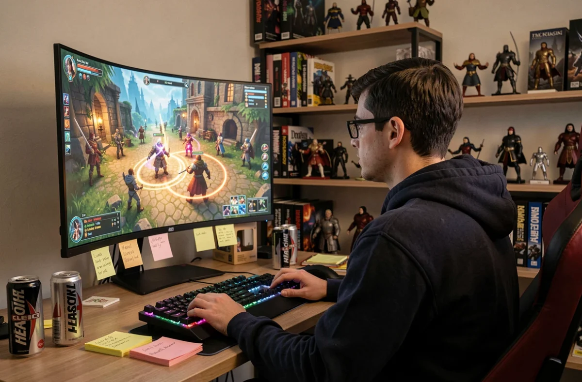 Joueur de MMORPG concentré devant son écran affichant un univers fantasy médiéval coloré dans un bureau gaming authentique