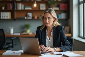 Femme journaliste au bureau en pleine rédaction
