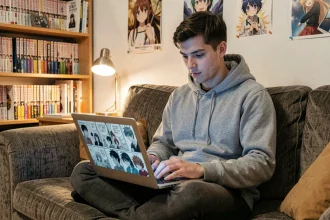 Jeune homme lisant des mangas en ligne sur un ordinateur portable dans un appartement chaleureux rempli de volumes manga