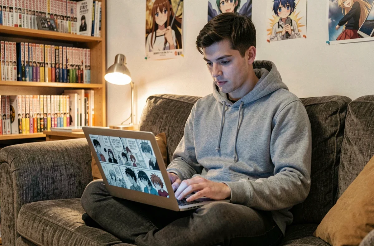 Jeune homme lisant des mangas en ligne sur un ordinateur portable dans un appartement chaleureux rempli de volumes manga