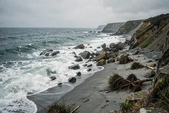 Littoral rocheux dévaste après le passage d'un gigantesque tsunami, avec des vagues écumantes et des rochers déplacés sur la plage