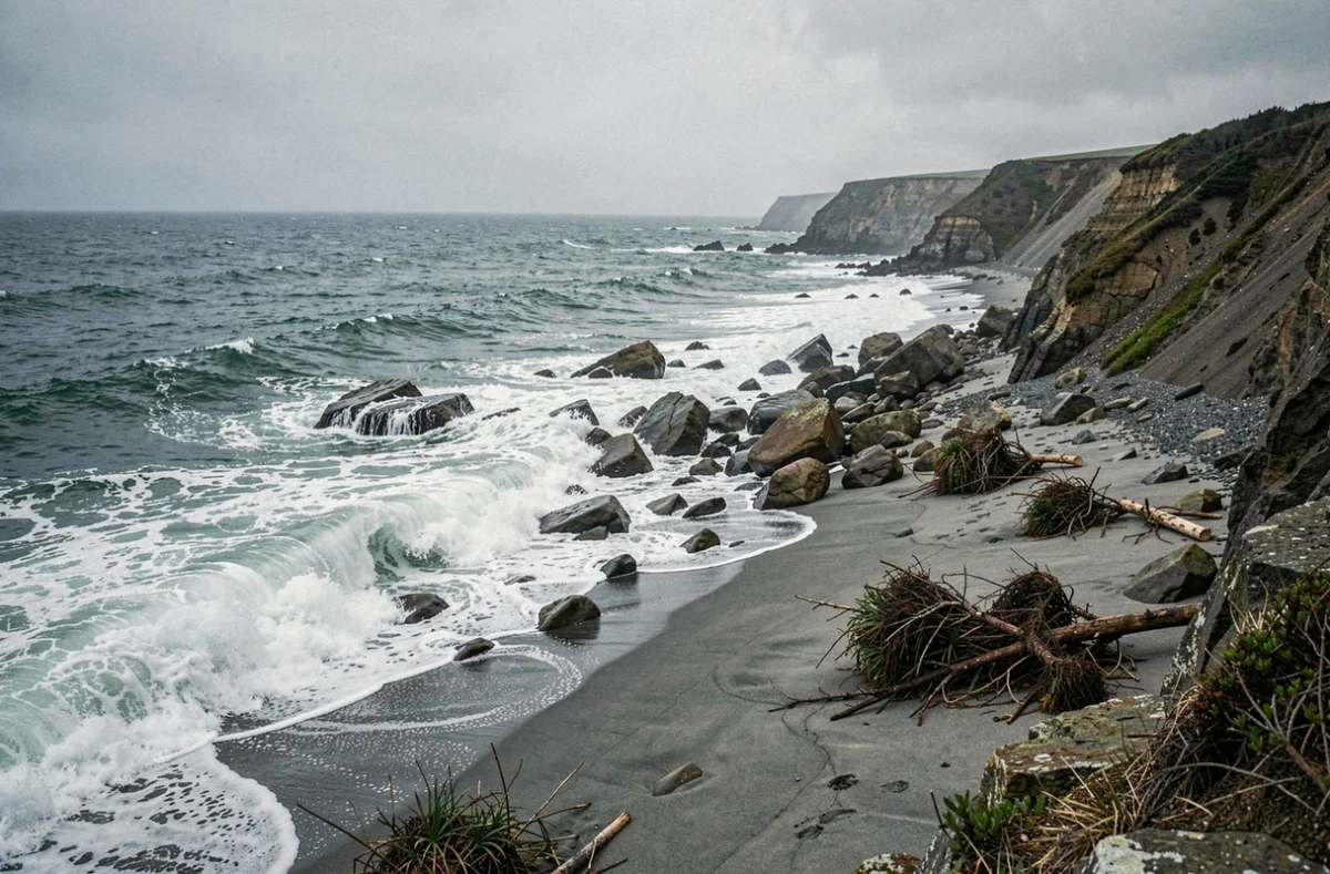 Littoral rocheux dévaste après le passage d'un gigantesque tsunami, avec des vagues écumantes et des rochers déplacés sur la plage