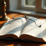 Livre de droit ouvert sur un bureau en bois avec lunettes
