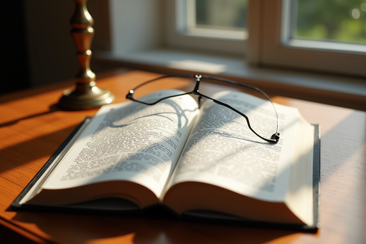 Livre de droit ouvert sur un bureau en bois avec lunettes