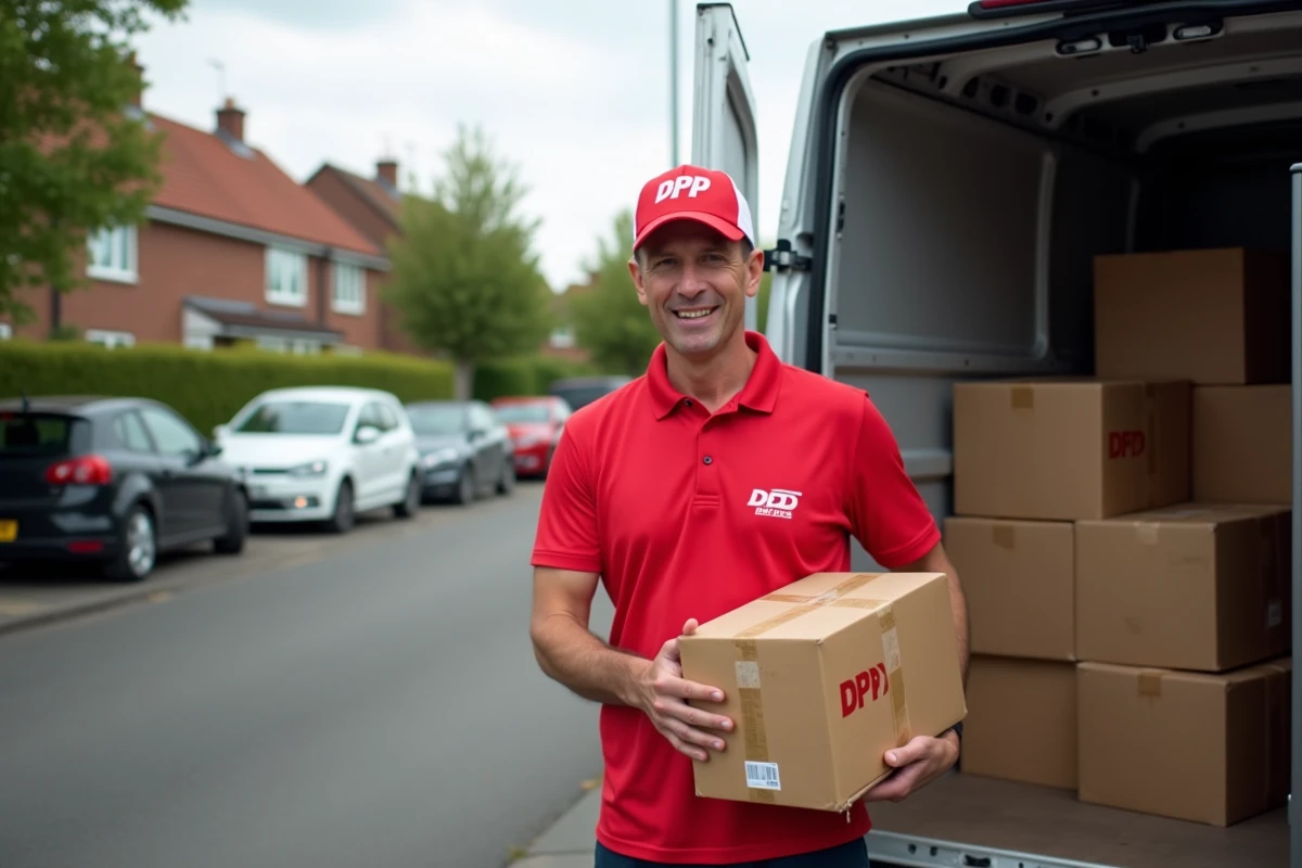 Livreur DPD scannant un colis devant son camion de livraison dans une rue résidentielle