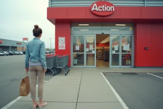 Femme devant un magasin Action ouvert dans une zone commerciale le dimanche