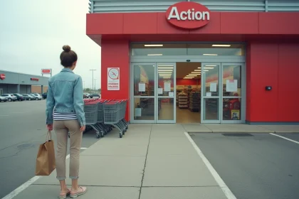 Femme devant un magasin Action ouvert dans une zone commerciale le dimanche