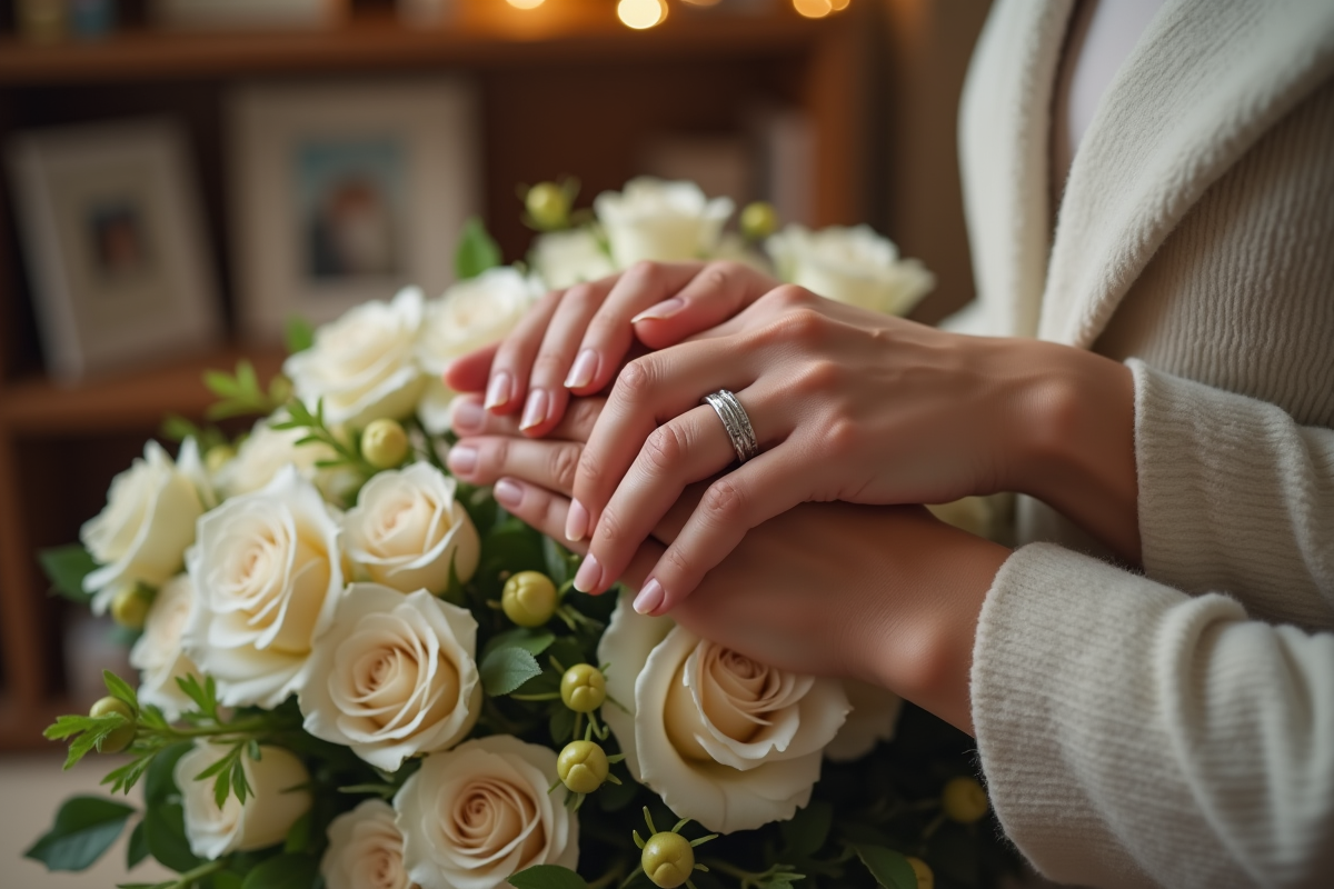Mains entrelacees avec alliance sur un bouquet de roses blanches