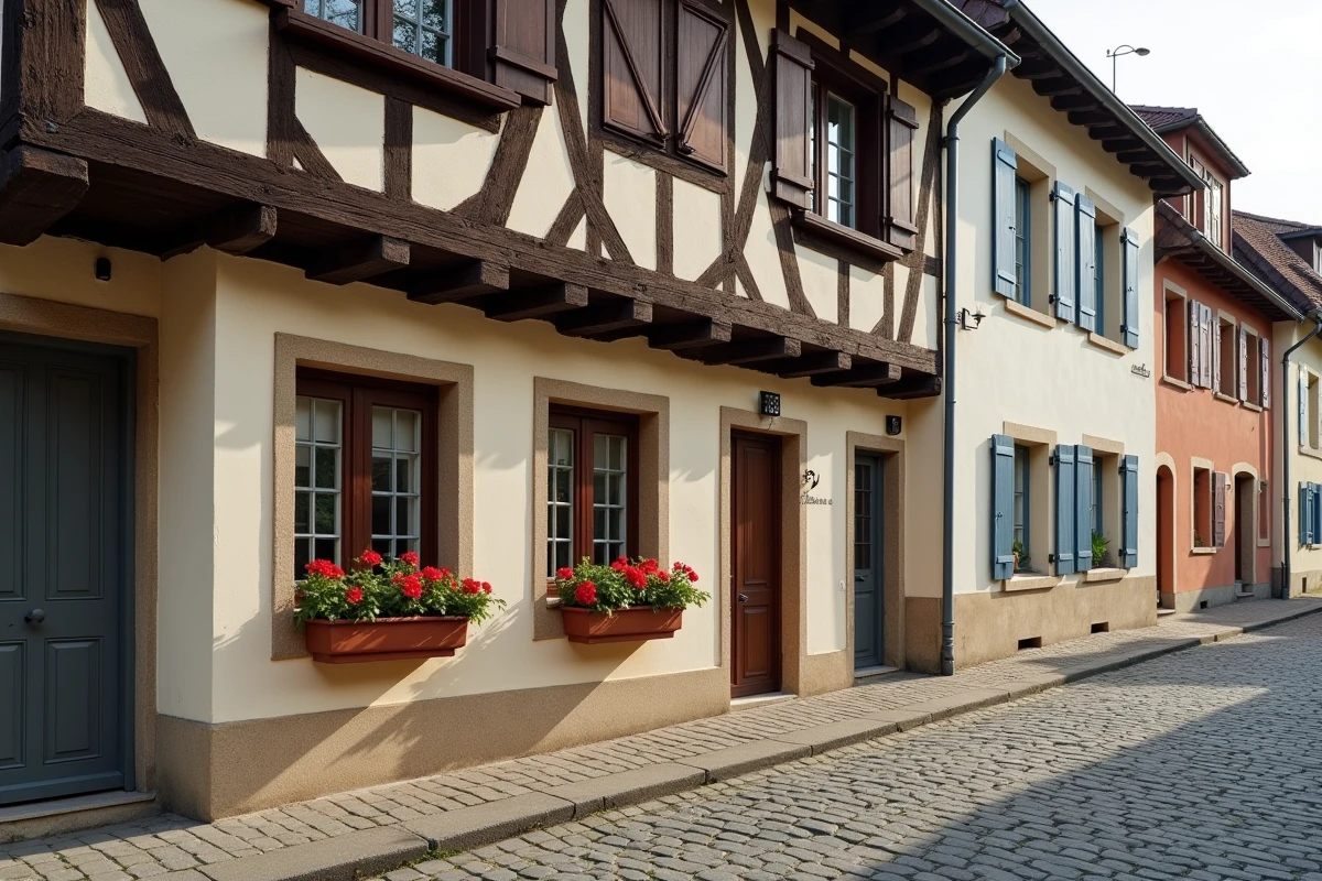 Maison à colombages traditionnelle de Sarralbe avec poutres apparentes et géraniums rouges dans une rue pavée pittoresque