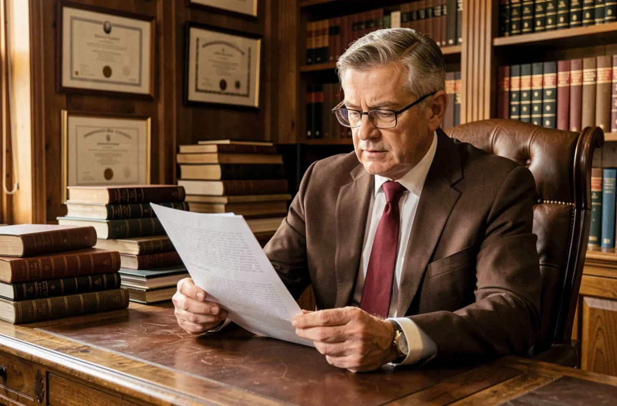 Maître Didier Lefevre, avocat au barreau d'Alençon, lisant un dossier dans un bureau traditionnel en bois