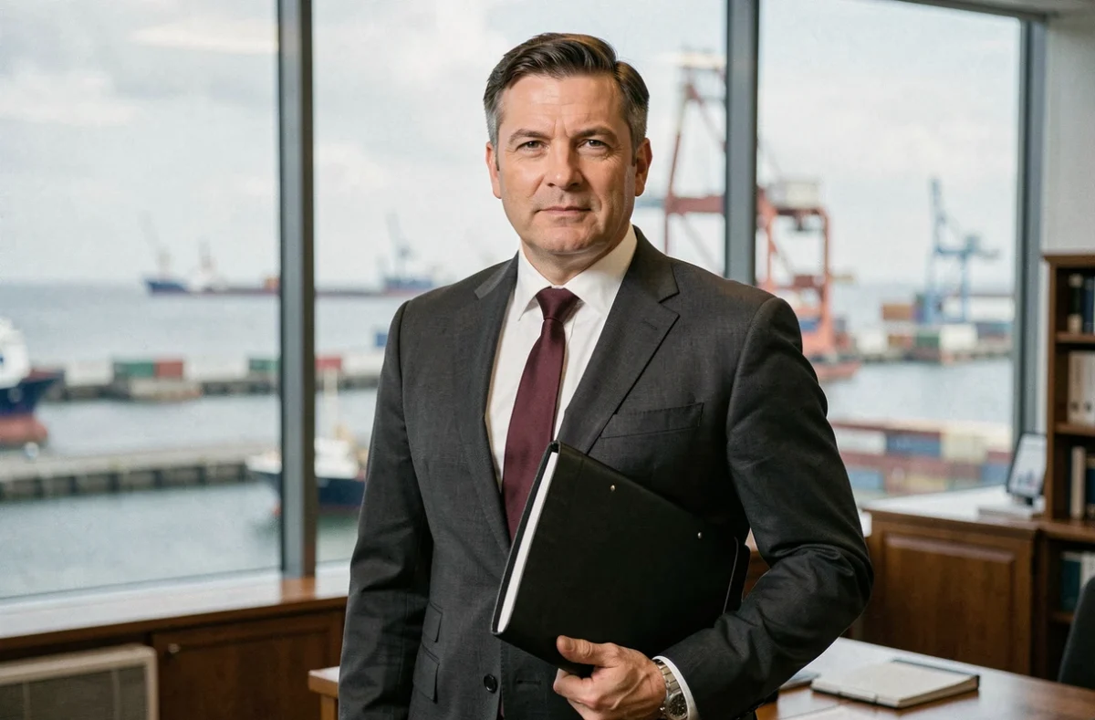 Maître Emmanuel Cardon, avocat au barreau du Havre, en costume gris dans son cabinet avec vue sur le port