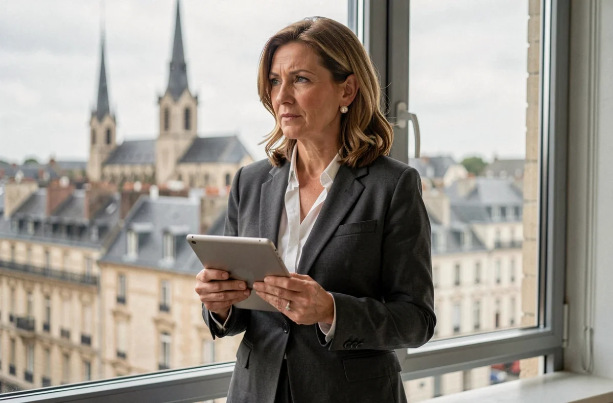 Maître Nathalie Lailler, avocate au barreau de Caen, debout près d'une fenêtre avec vue sur la ville