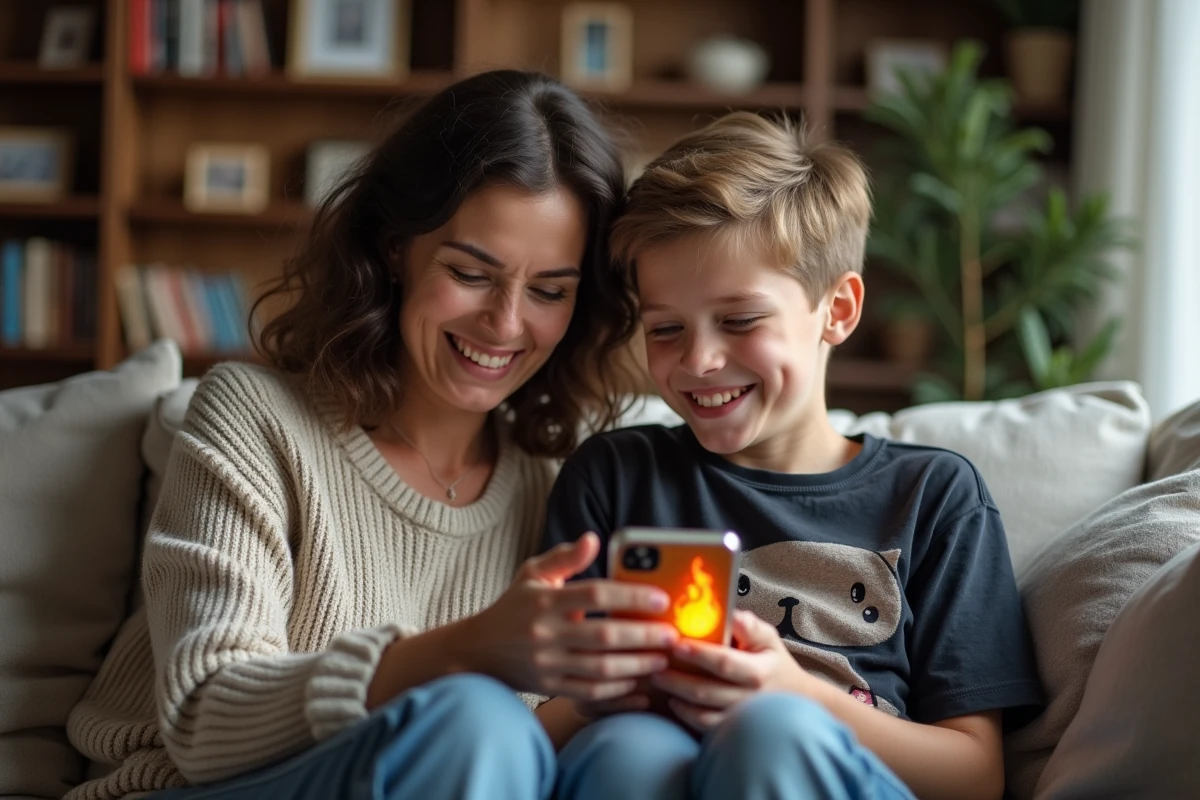 Maman et son fils riant en utilisant un smartphone dans le salon