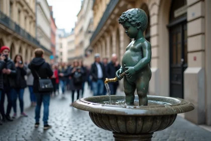 Le Manneken Pis à Bruxelles entouré de touristes sur les pavés du centre historique