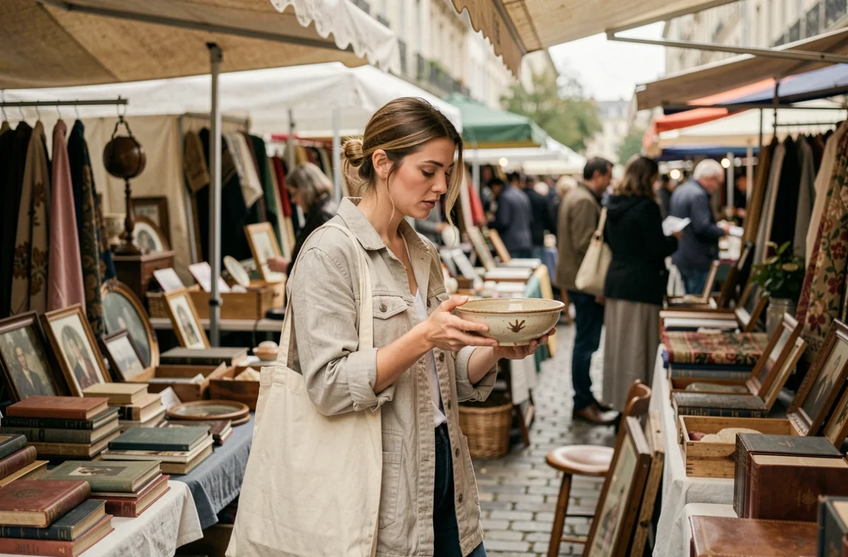 Jeune femme explorant un marché aux puces en plein air à Bordeaux, inspectant des objets vintage parmi les étals d'antiquités du week-end