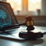 Marteau de justice sur un clavier d'ordinateur symbolisant la regulation de l'IA