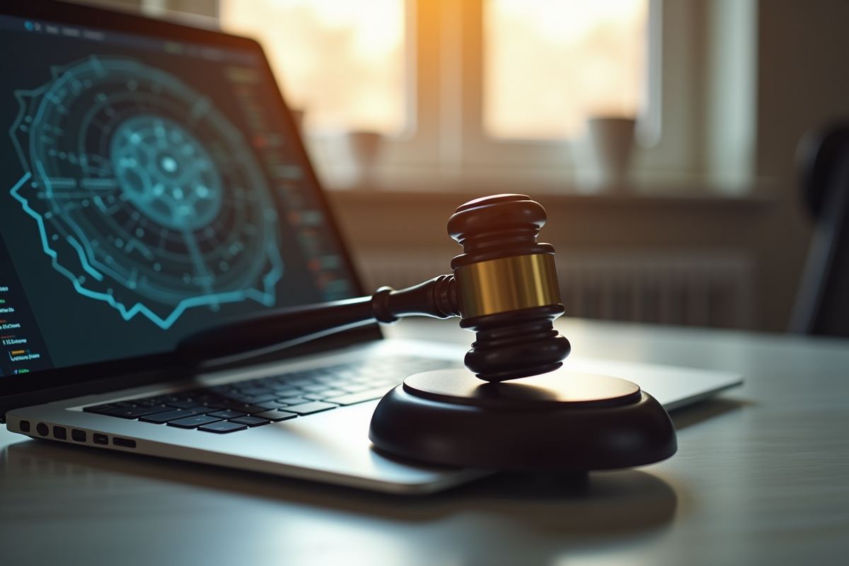 Marteau de justice sur un clavier d'ordinateur symbolisant la regulation de l'IA