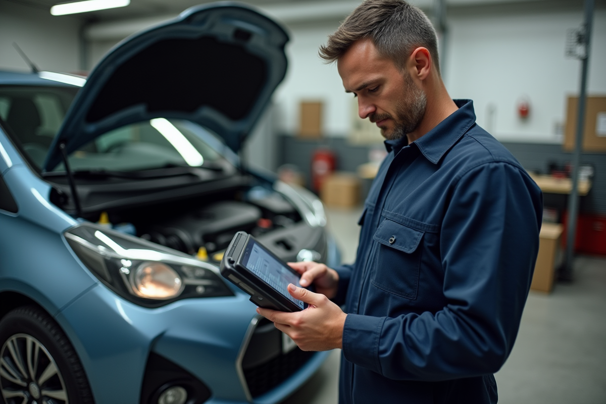 Mécanicien homme en overalls examine une voiture moderne