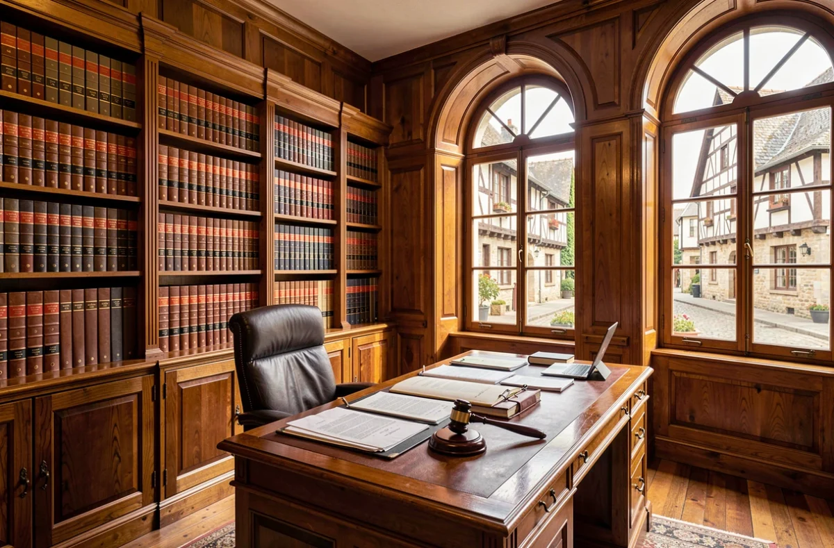 Bureau d'avocat classique en Normandie avec bibliothèque juridique et mobilier en chêne massif