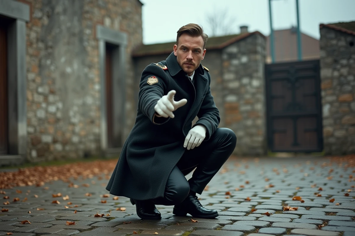 Homme en manteau militaire sombre avec gants blancs dans une cour pavée d'une forteresse, geste de commandement — scène d'action évoquant le colonel Mustang de Fullmetal Alchemist Brotherhood