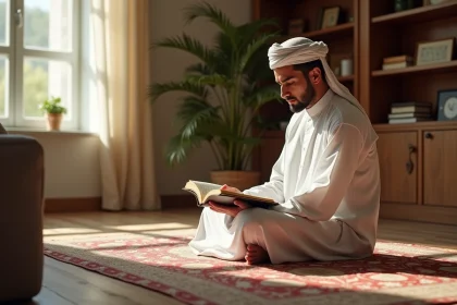 Musulman priant dans un salon paisible et ensoleille