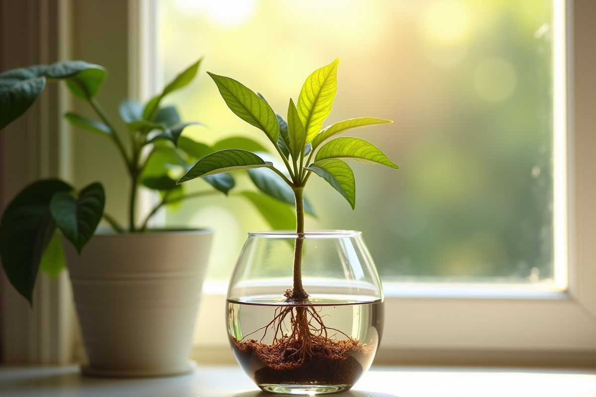 Oleander en eau sur une fenêtre ensoleillée avec racines