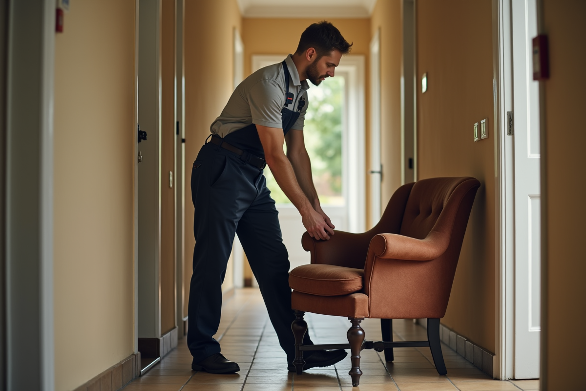 Ouvrier portant un fauteuil vintage dans un couloir à Rennes