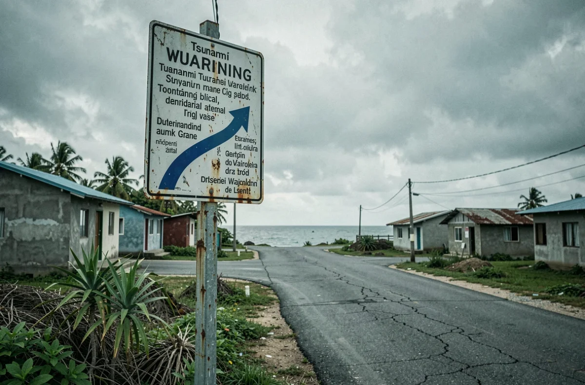 Panneau de signalisation de zone de danger tsunami et d'évacuation sur une route côtière d'un village insulaire du Pacifique