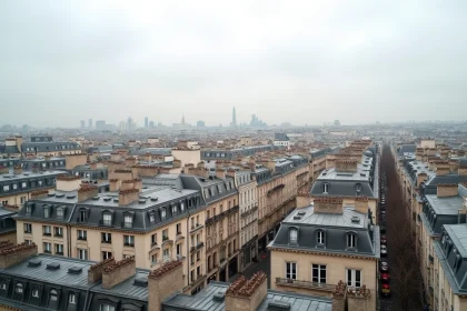 Panorama aérien d'une grande ville française avec des immeubles haussmanniens denses à perte de vue illustrant la densité urbaine