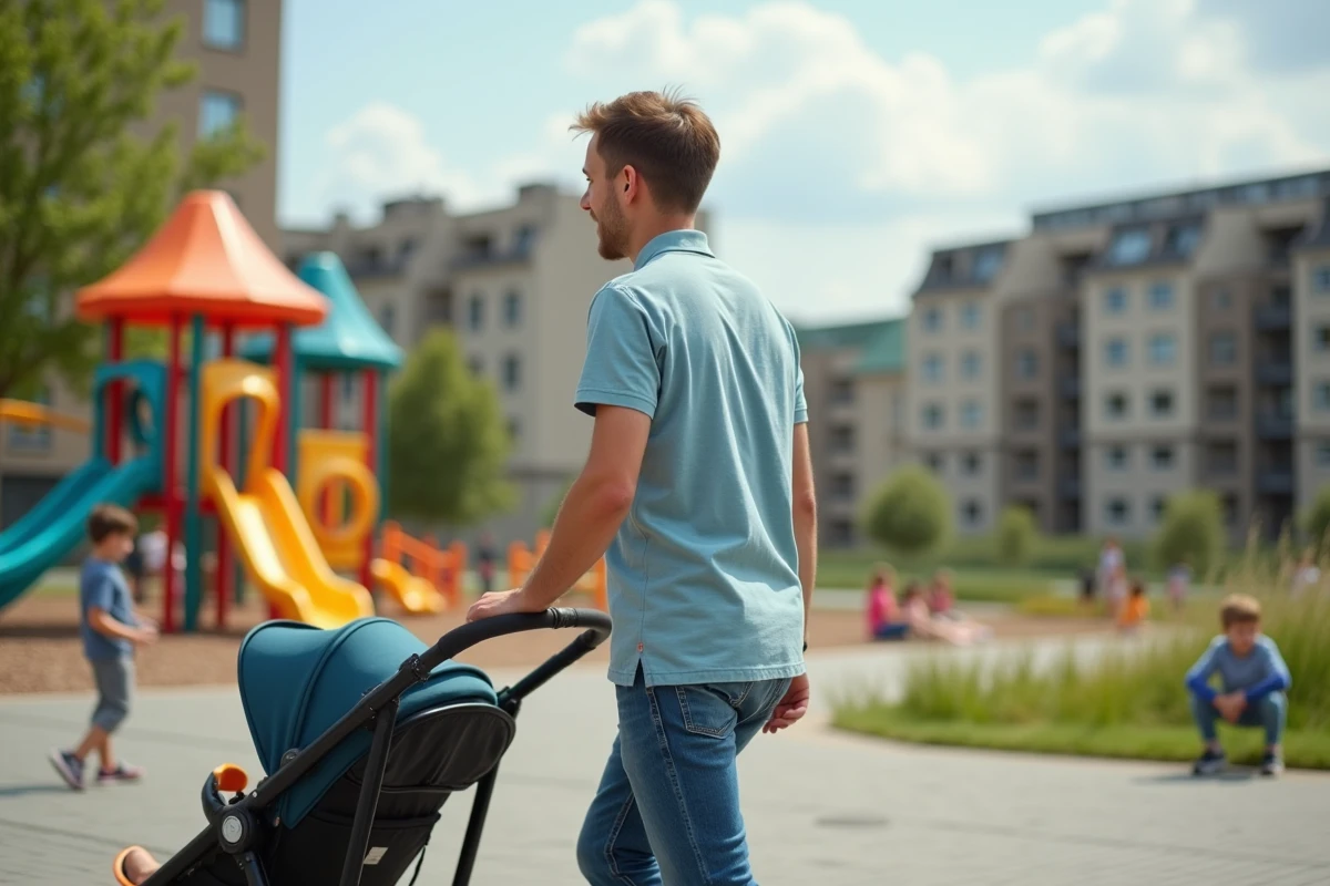 Jeune père poussant une poussette dans un quartier animé