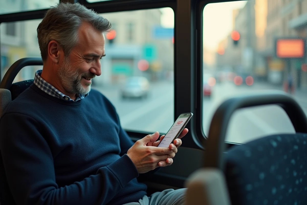 Passager consultant le suivi de la ligne 192 sur son téléphone à l'intérieur d'un bus
