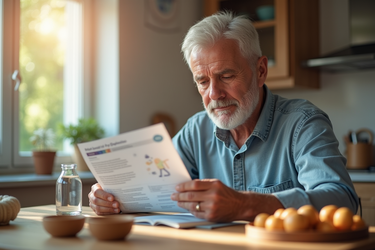 Personne lisant une fiche d'informations sur le diabete à la cuisine