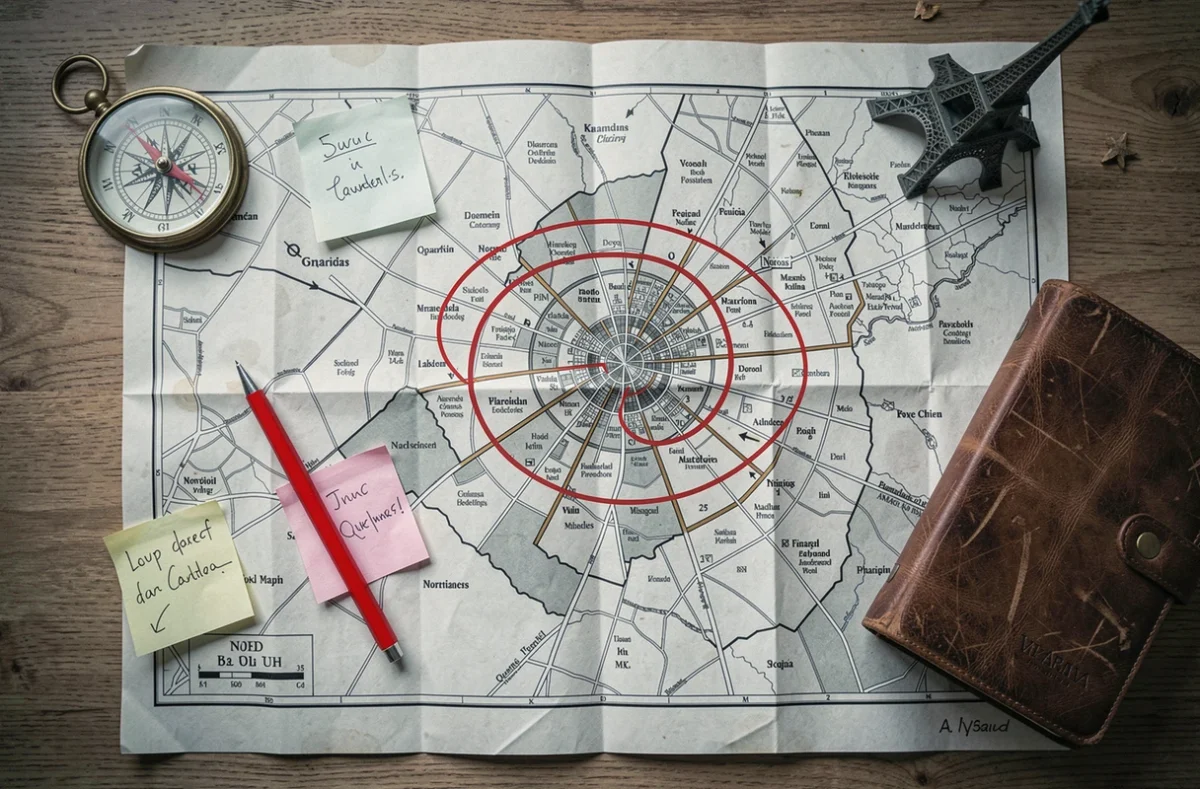Vue aérienne d'un plan de Paris dépliés sur un bureau avec annotations et accessoires de voyage pour organiser des visites par arrondissement