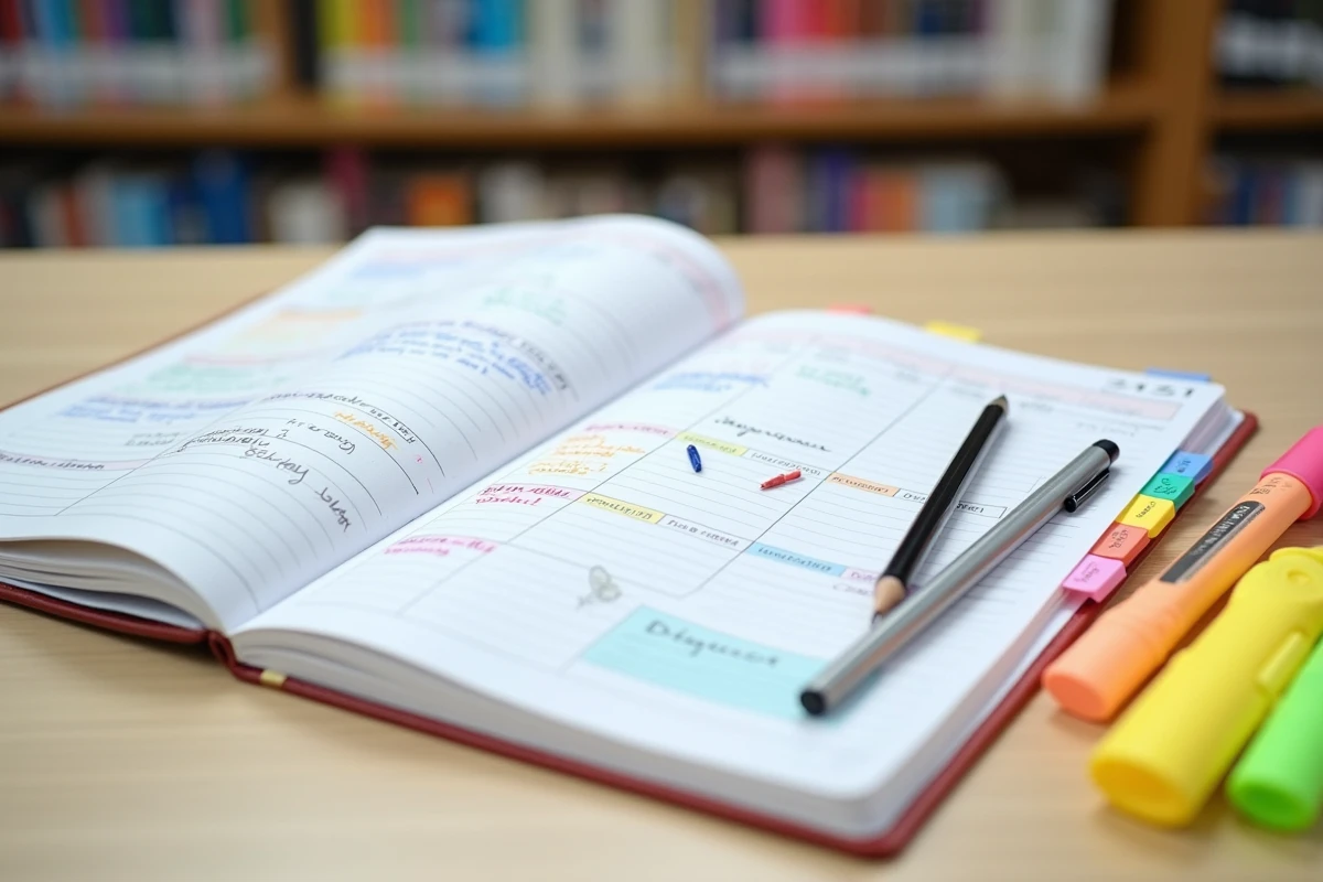 Gros plan sur un planning mensuel imprimé rempli à la main avec des surligneurs et des notes autocollantes sur une table de bibliothèque
